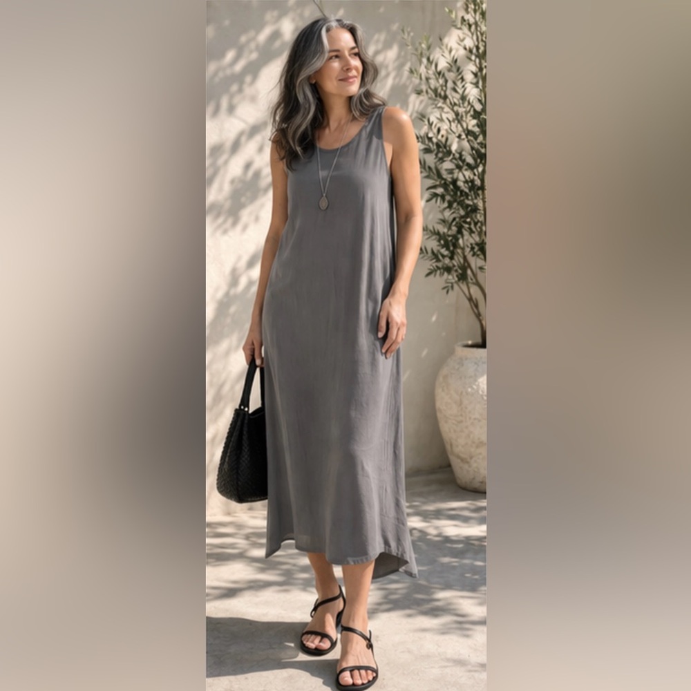 Eileen Fisher Silk Midi Dress Small Gray Sleeveless Minimalist Luxury EUC